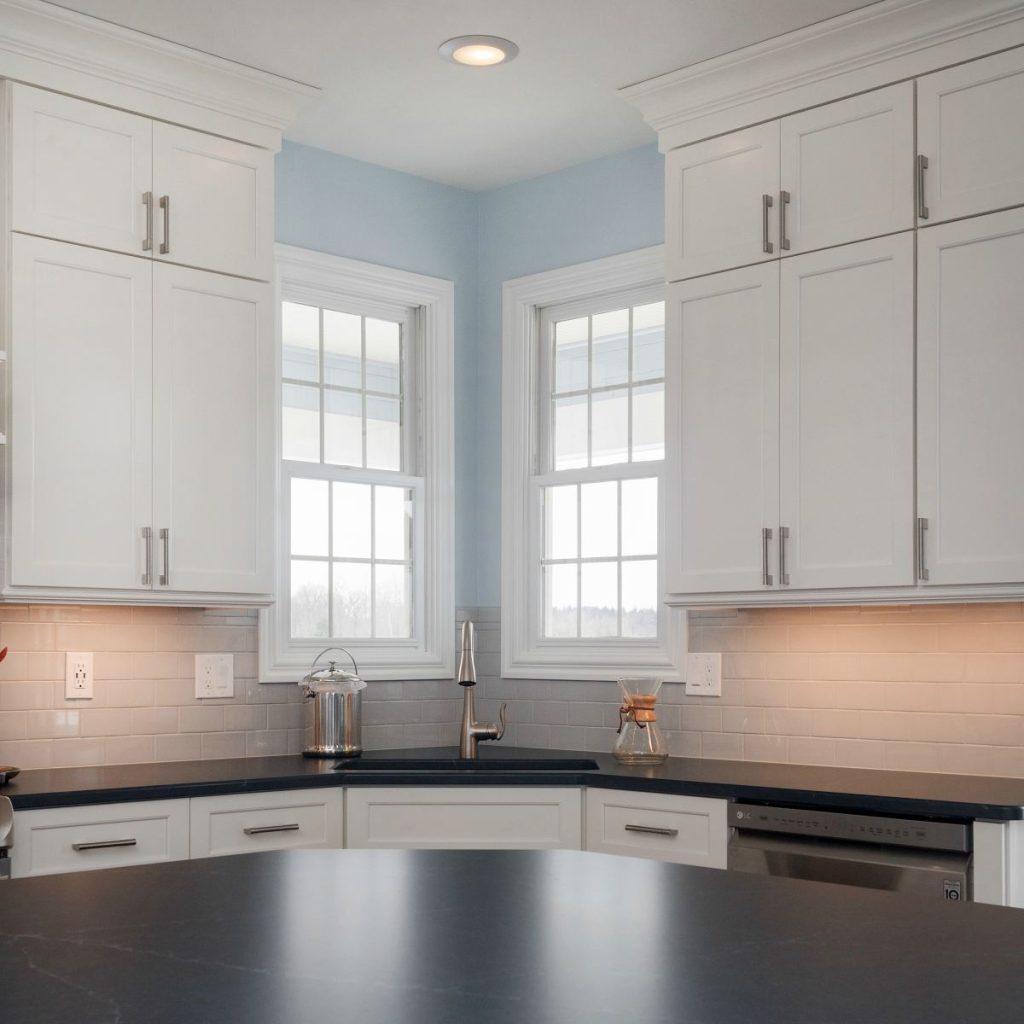 Corner kitchen sink inside angled blue countertop
