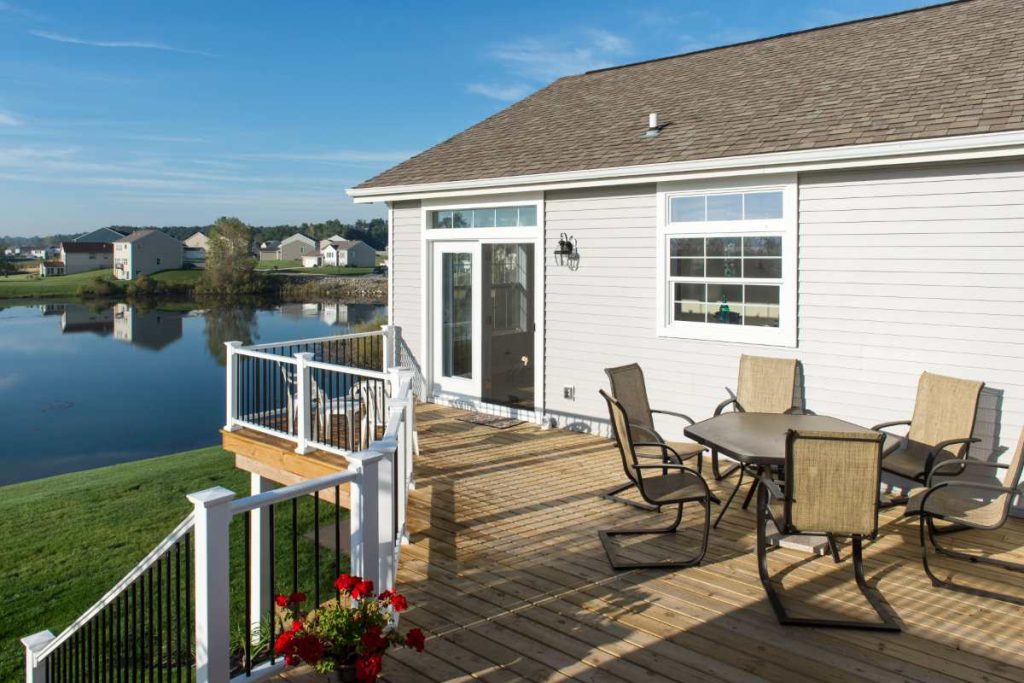 New elevated wooden deck overlooking the water