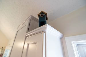 crown molding on white kitchen cabinet